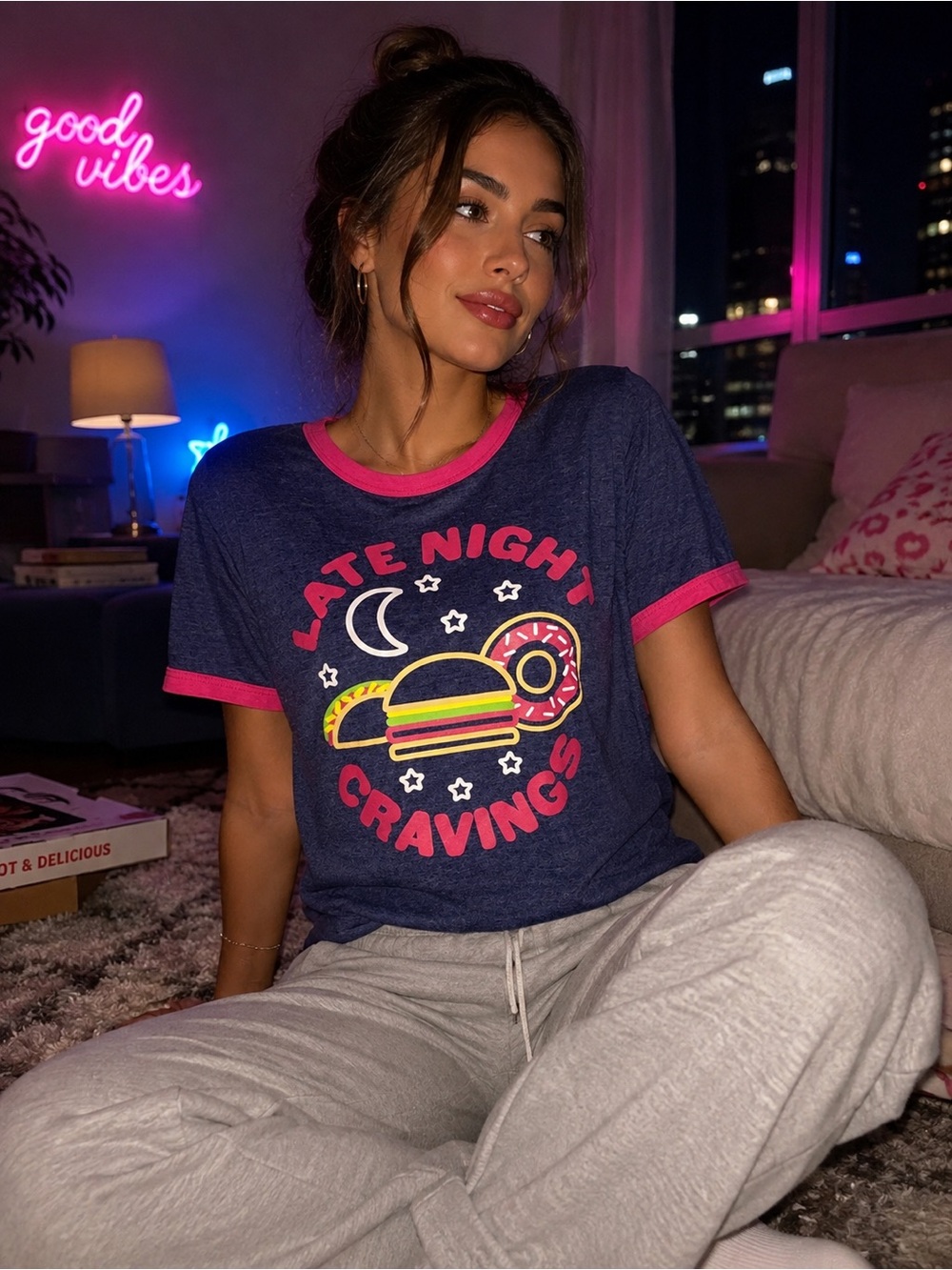 LuLaRoe Late Night Cravings Graphic Ringer Tee Foodie Y2K